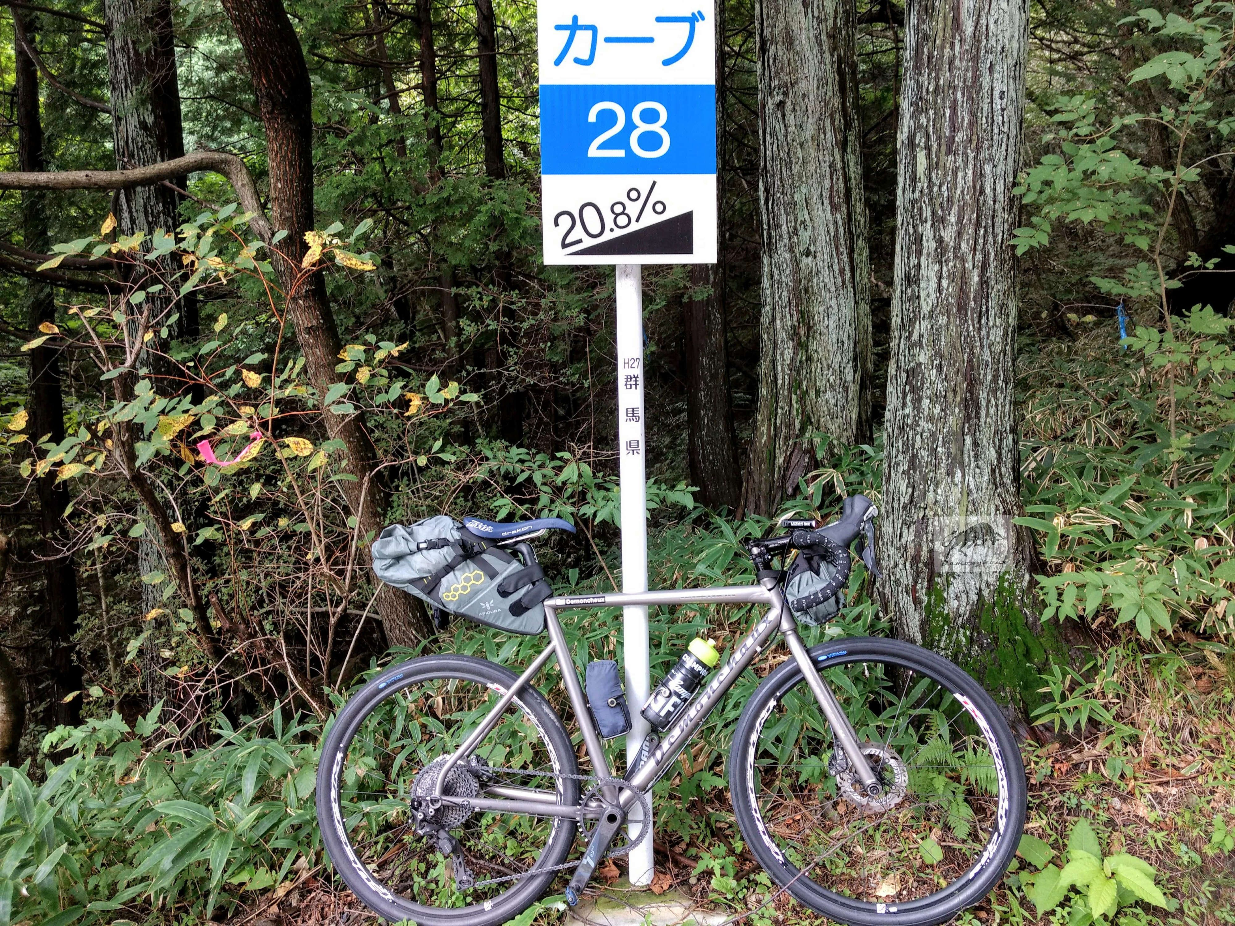 Titanium bicycles on front of 20% steep road sign