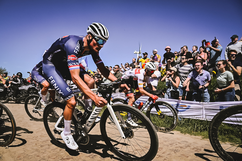 Mathieu Van Der Poel riding at Paris Roubaix 2022