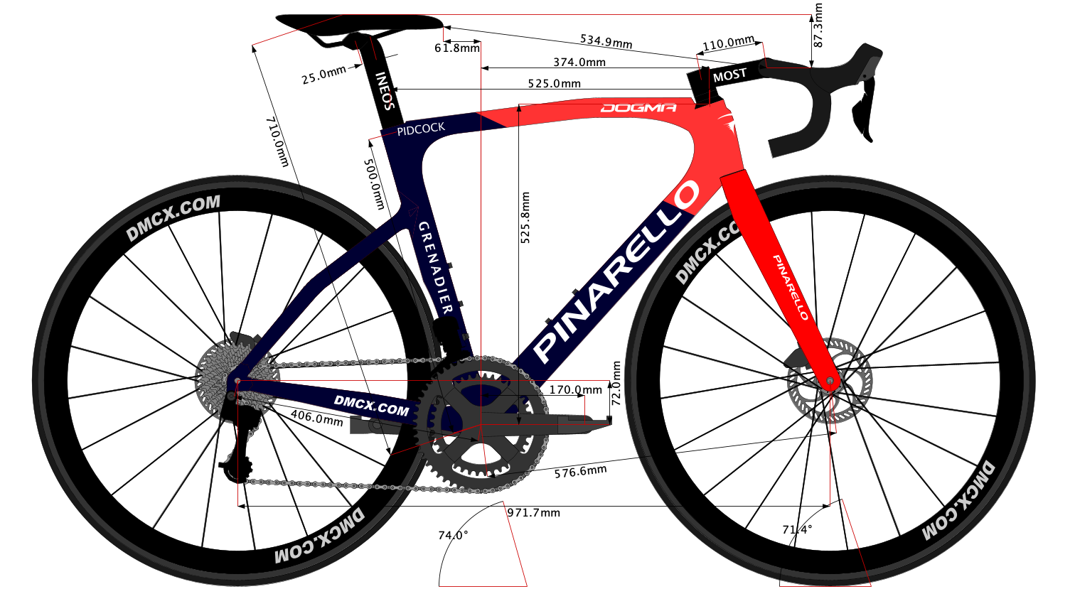 Sketch of Thomas Pidcock's 2022 Bike size
