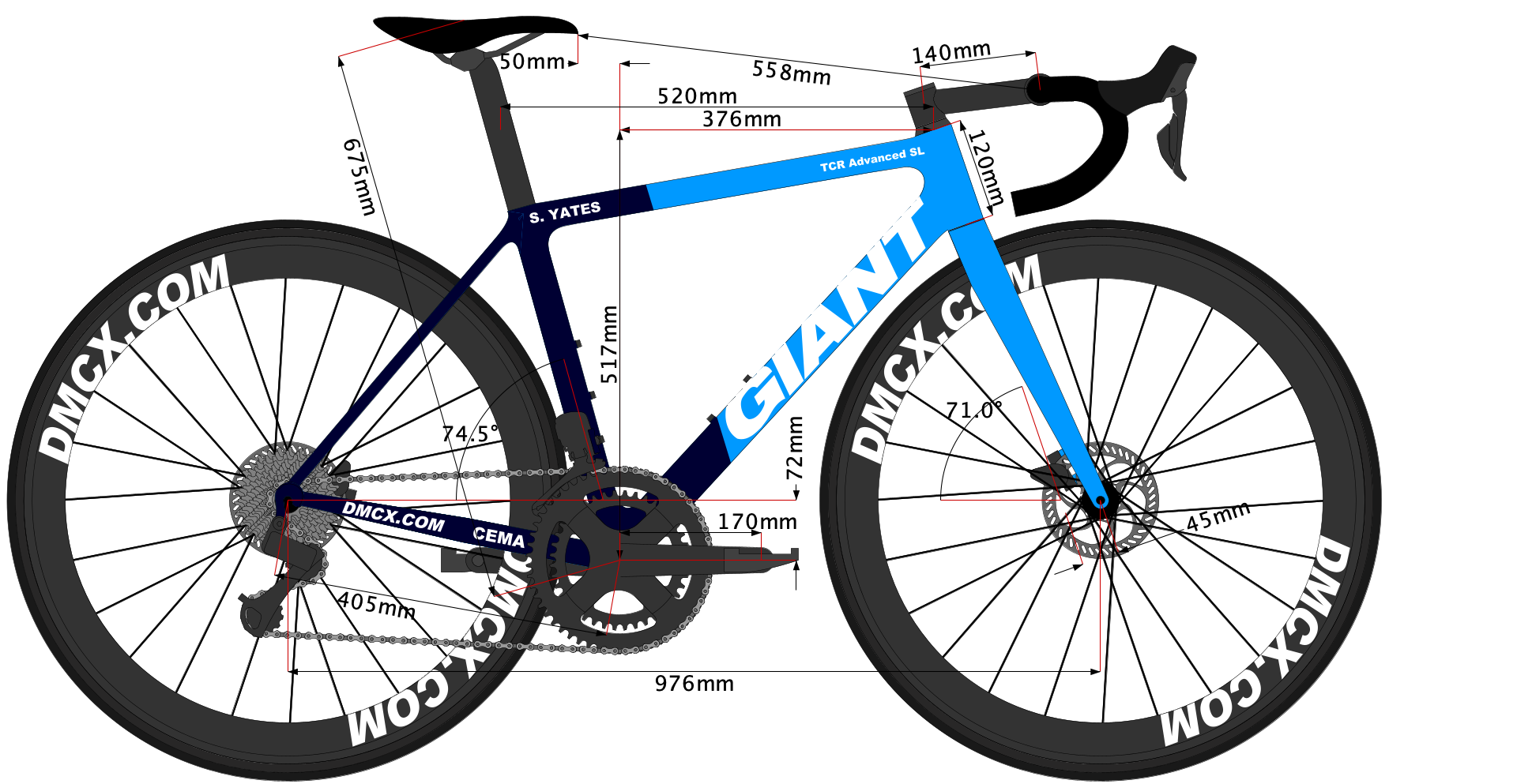 Sketch of Simon Yates' 2022 Bike size