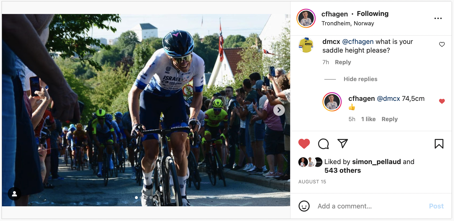 Carl Fredrik Hagen confirming his saddle height on Instagram