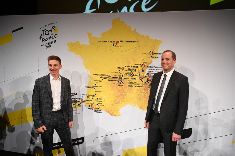 Tadej Pogacar and Christian Prudhomme presenting tour de France 2023