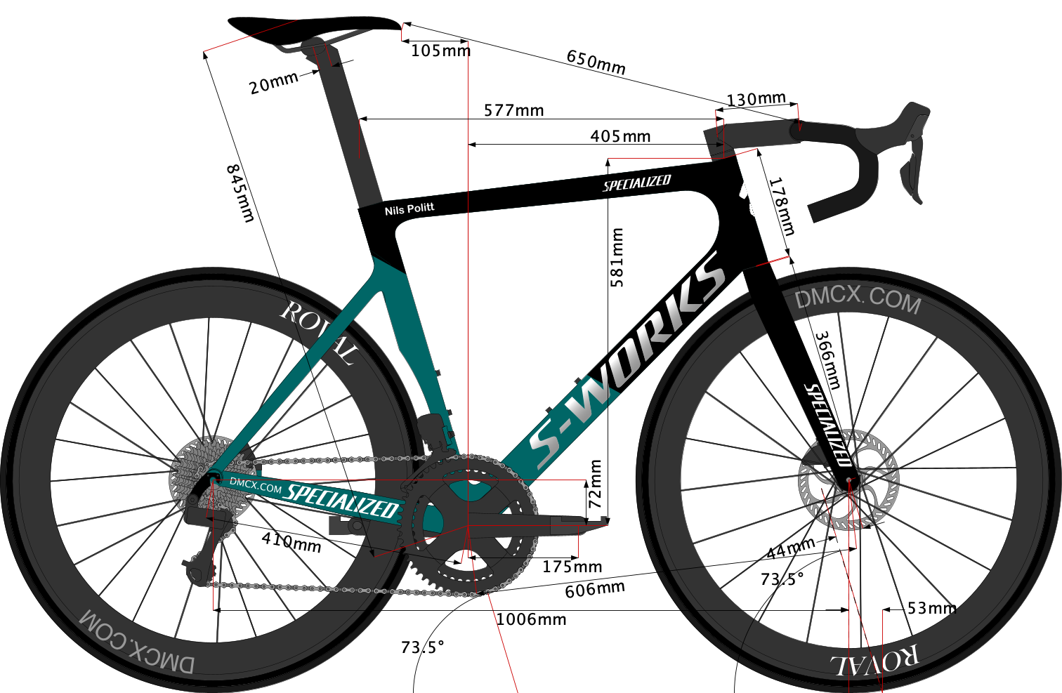 sketch of Nils Politt's 2023 Specialized S-Works Tarmac SL7 Bike Size 58