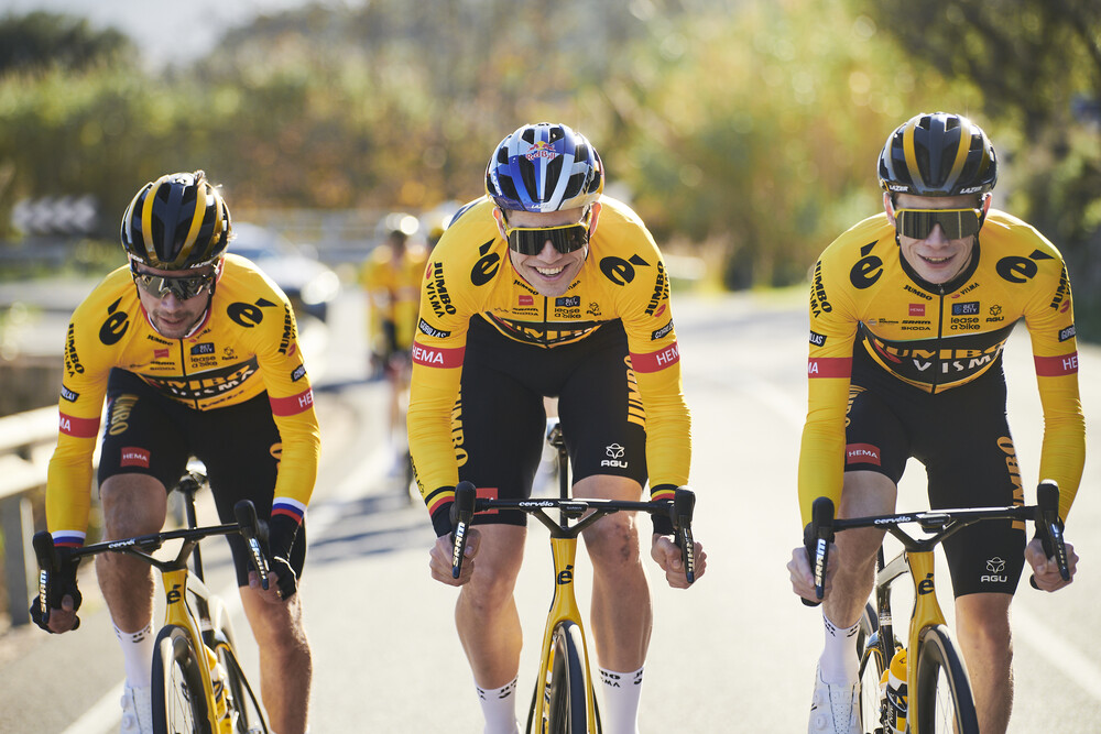 Roglic, Van Aert, and Vingegaard wearing Jumbo-Visma 2023 jersey and new bikes setup