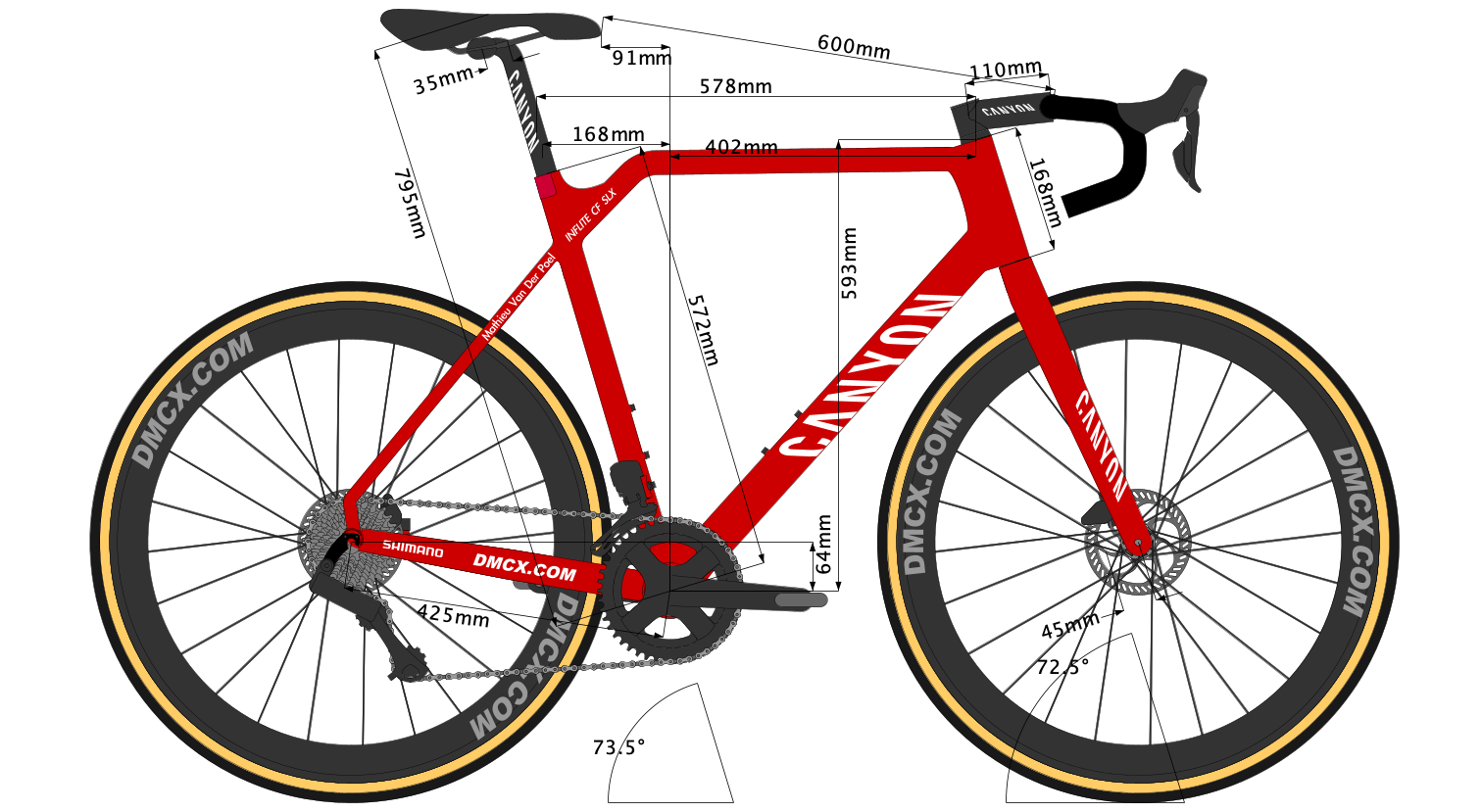 bike sketch of Van Der Poel's 2023 Canyon Inflite CF SLX size L