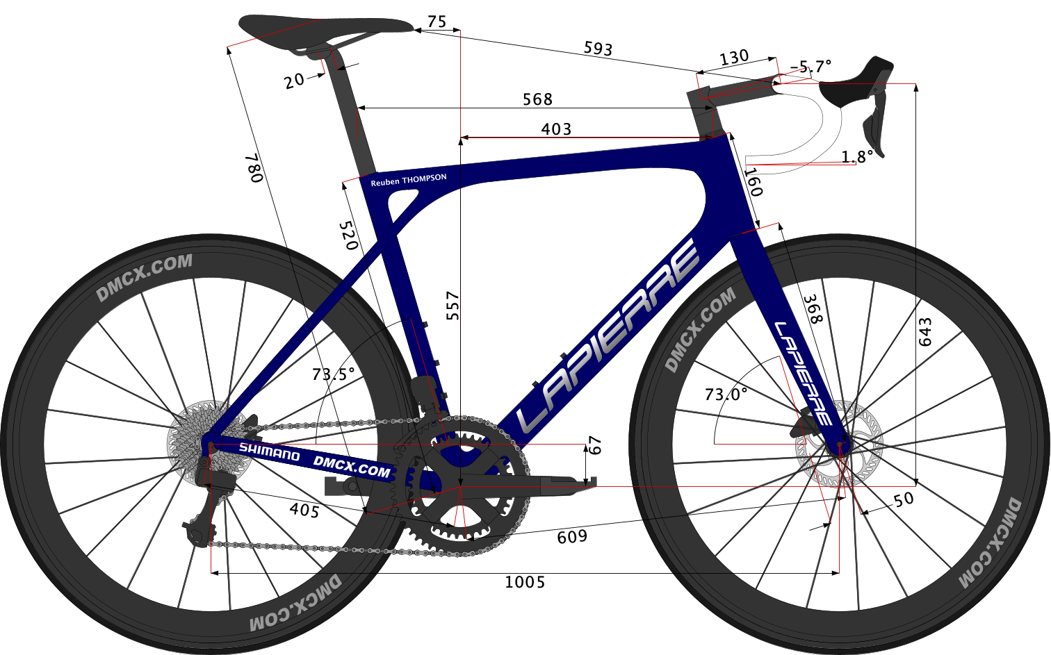 geometry sketch of Reuben Thompson's Lapierre Xelius SL3 2023 Bike Size L