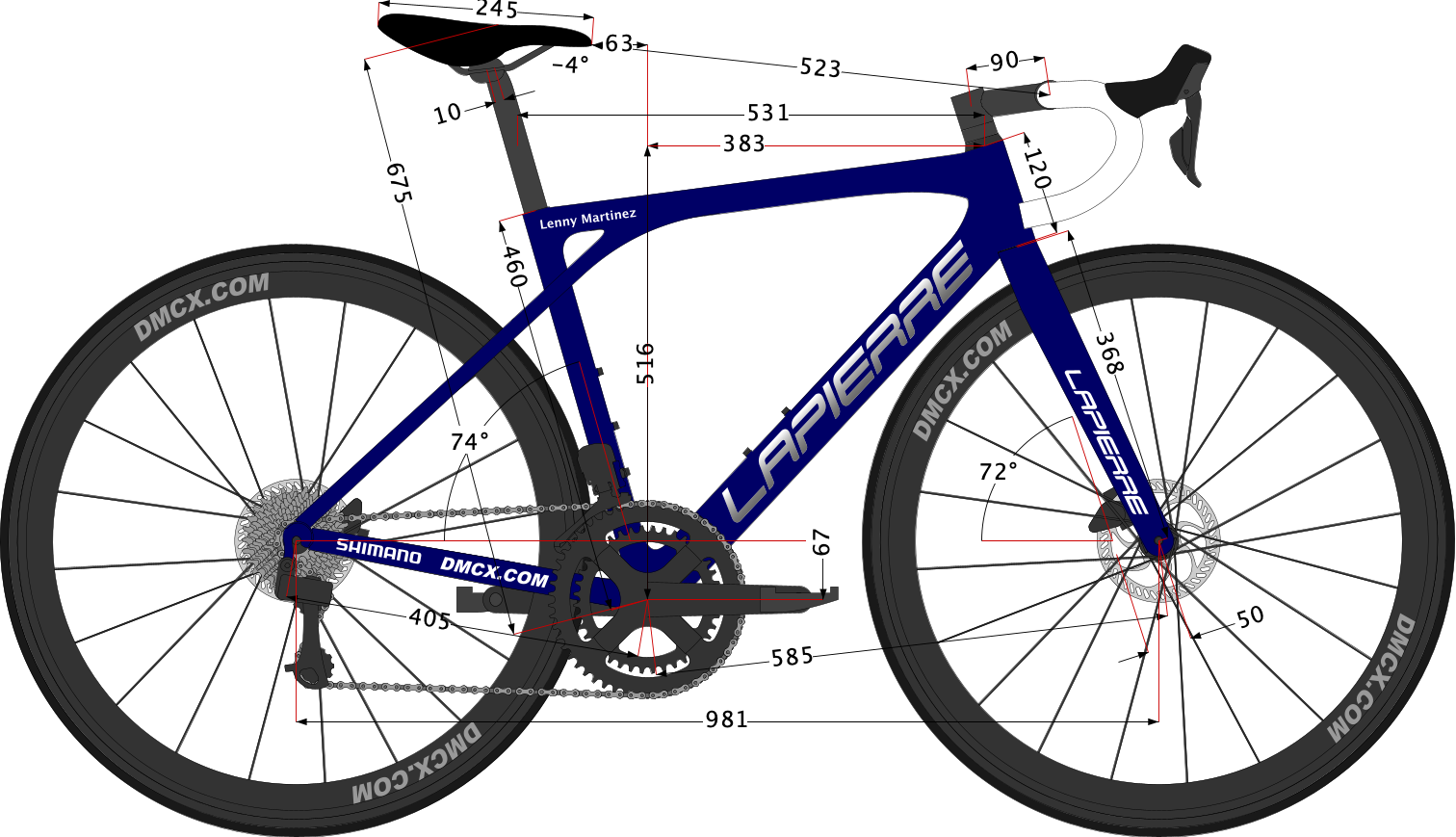 DMCX's sketch of Lenny Martinez's Lapierre Xelius SL3 2023 bike size and fitting