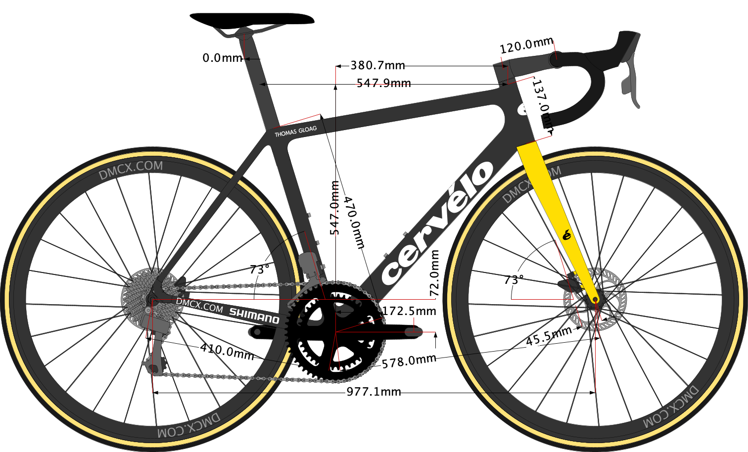 sketch of Thomas Gloag's Cervelo Road Bike size