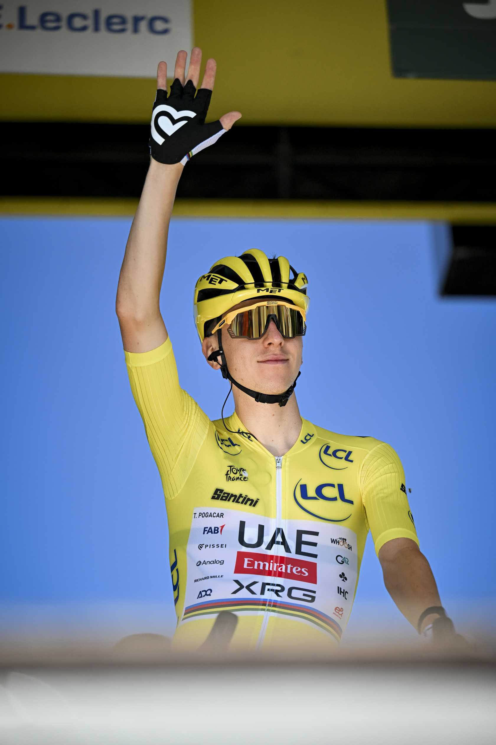 Tadej POGACAR from UAE TEAM EMIRATES XRG wears the yellow jersey on Tour de France 2025