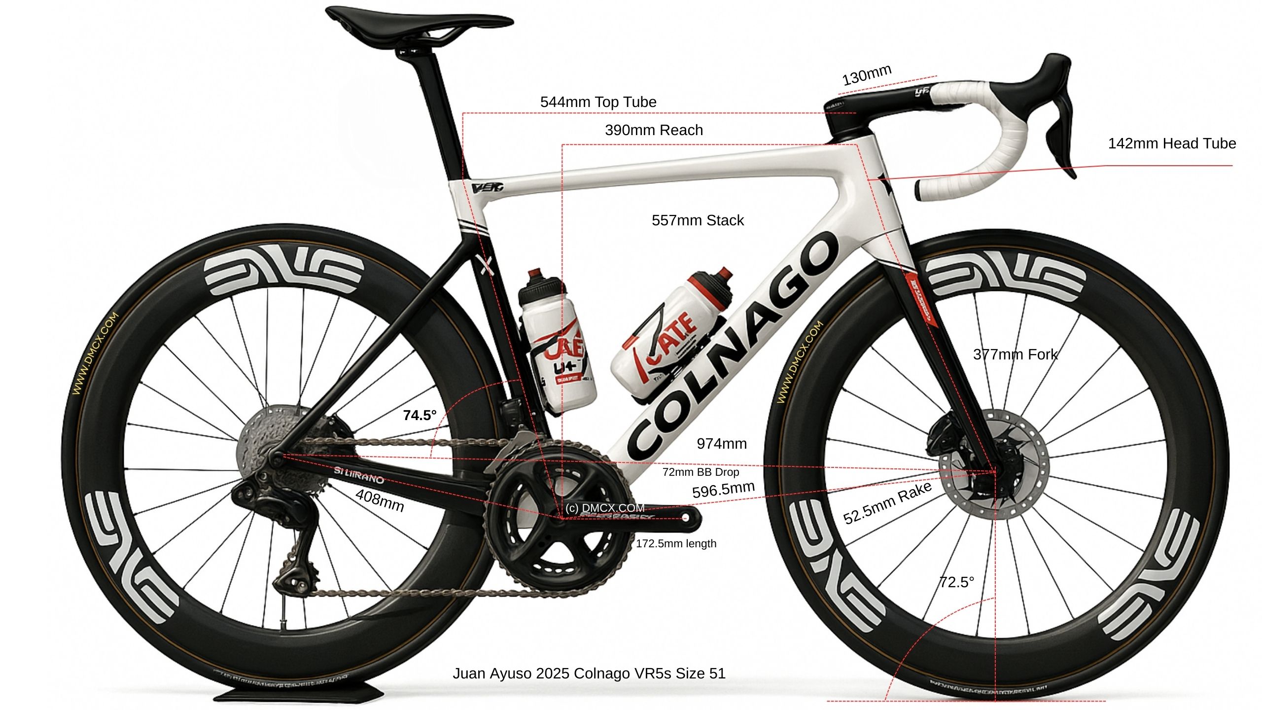 Juan Ayuso’s 2025 Colnago V5Rs bike size 51 with ENVE wheels and Shimano Dura-Ace, UAE Team Emirates setup on white background.
