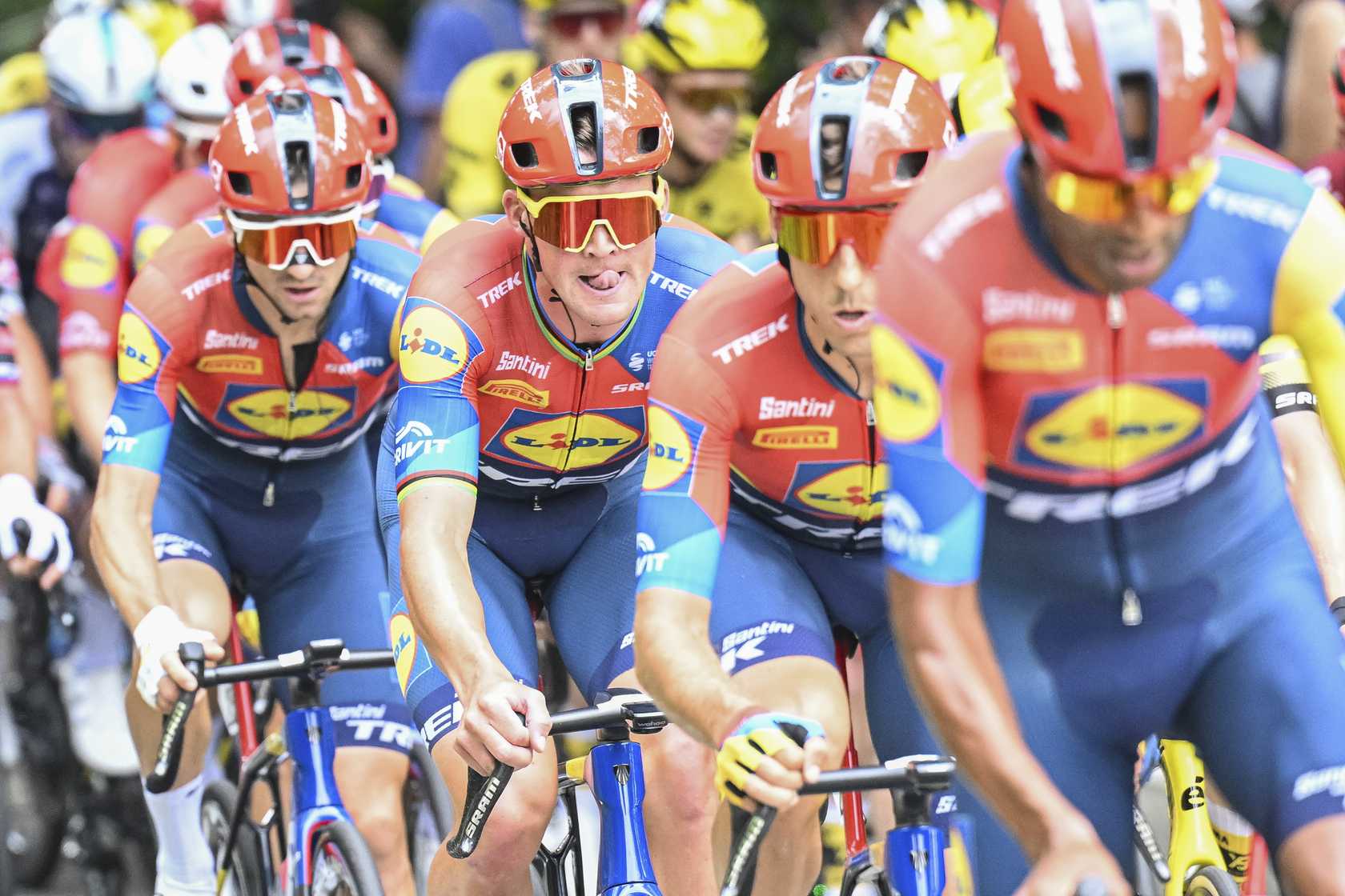 Lidl-Trek 2026 team roster preview featuring Mads Pedersen with the Trek Madone Gen 8 bike and SRAM RED AXS components in a sunny alpine setting